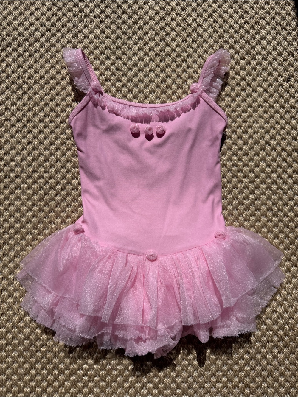 Girls Pink Tulle Ballet Tutu Leotard with Pom-Pom Accents